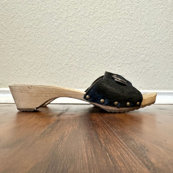 BOSABO Studded Wooden Slide Sandals in Black Calfhair Leather FRANCE MADE - Picture 1 of 12